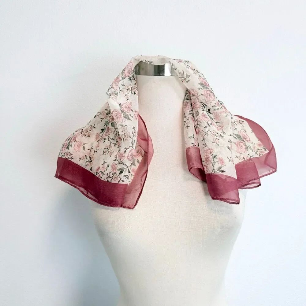 Vintage White Pink Sheer Floral Lilac Rose Colorblocked Flowers Scarf Square
